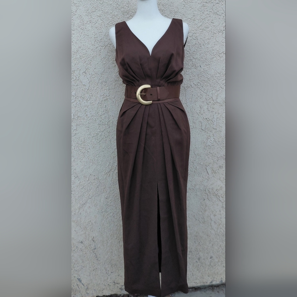 Donna Morgan Chocolate Brown Maxi Dress with Gold Belt